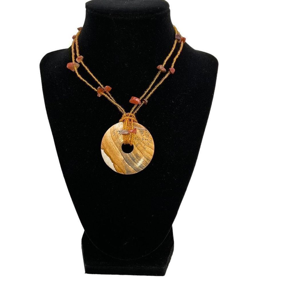 Jasper Necklace Natural Stone Donut Pendant Yellow Beaded Chain Stone Accents